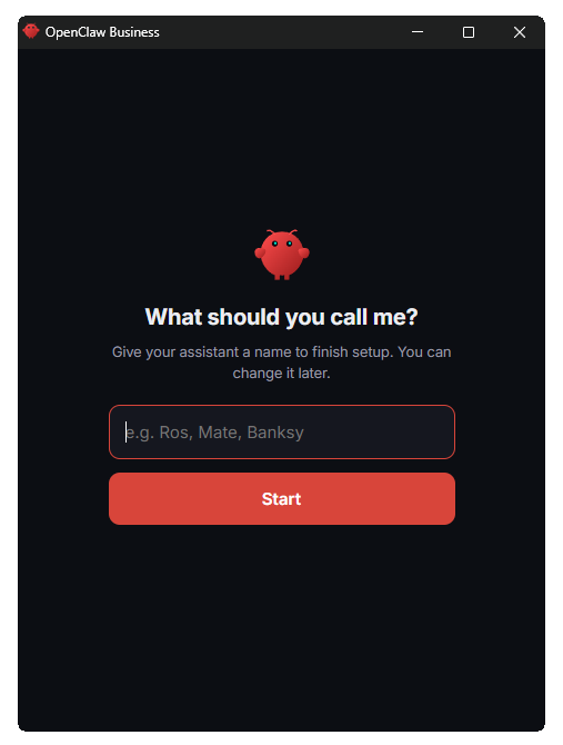 OpenClaw for Business asking what to call your assistant